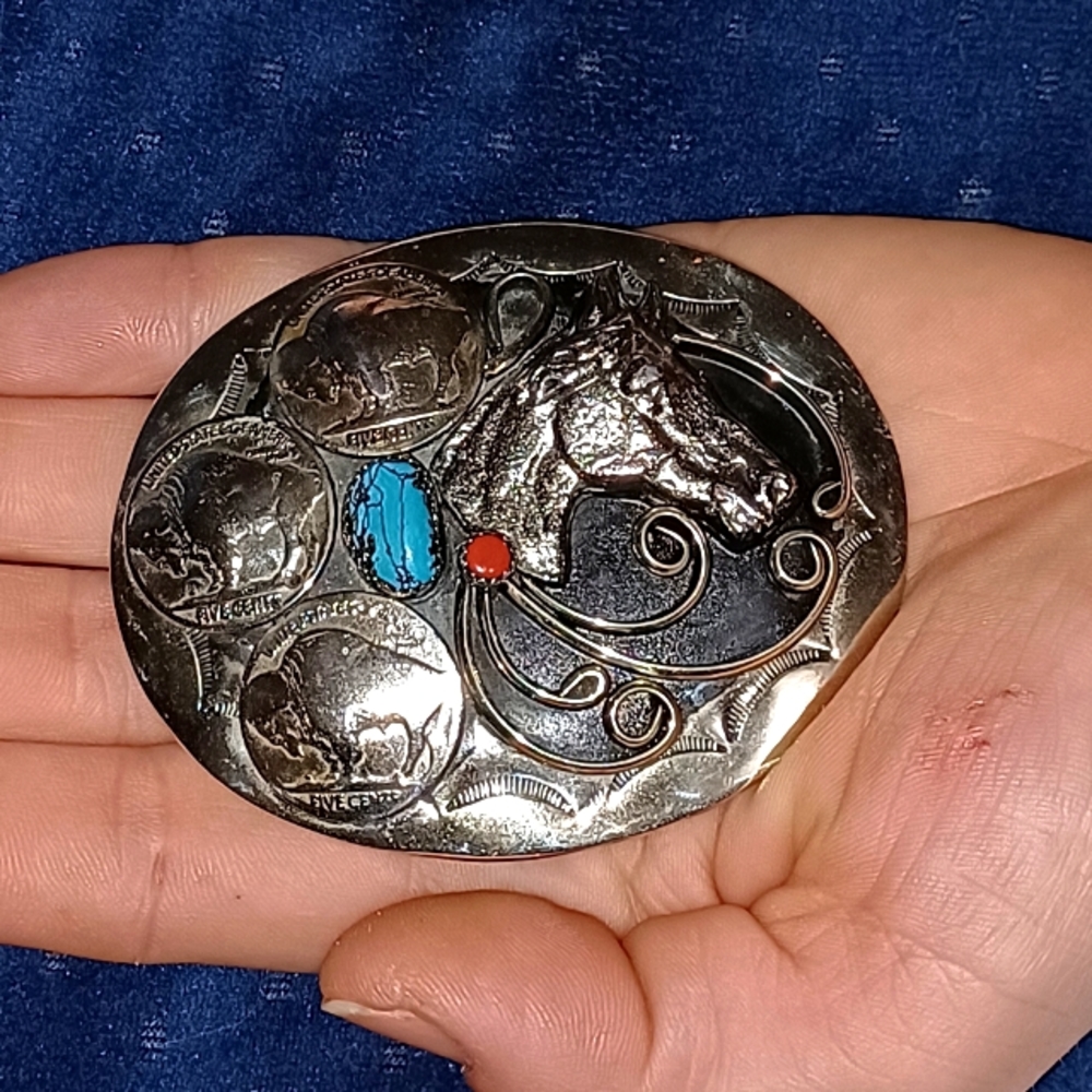 Vintage Buffalo head nickel belt bucket with turqoise and corral